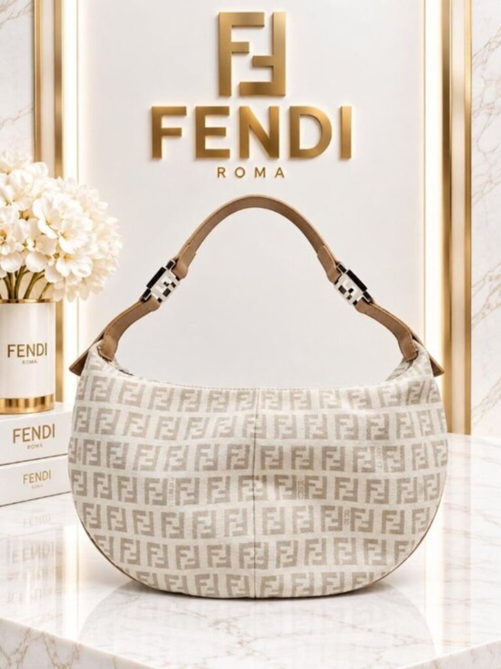 Authentic Fendi Zucca FF Monogram Hobo Bag Beige Canvas Leather Shoulder Bag